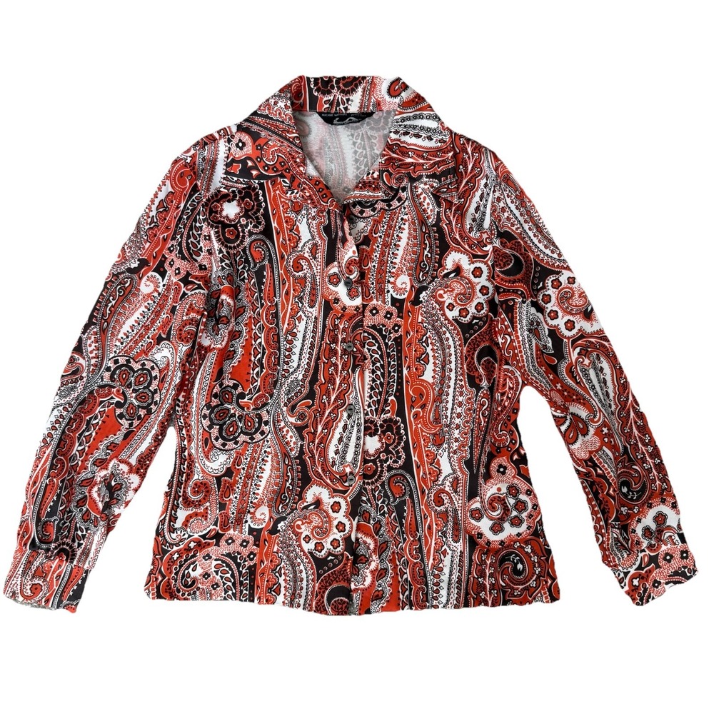 Vintage 70s Paisley Button Up Shirt Womens Large Brown Orange Hipster Disco Boho